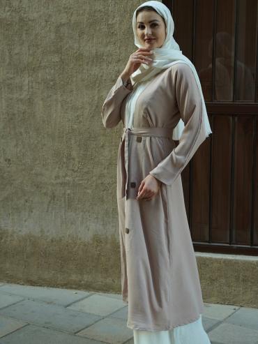 Off White and Almond Modest Dress with a Shrug Show Buttons on the Front and a Belt