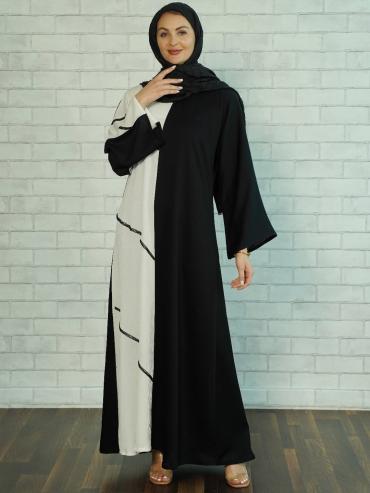 Black and White Abaya with Handwork on the Front 