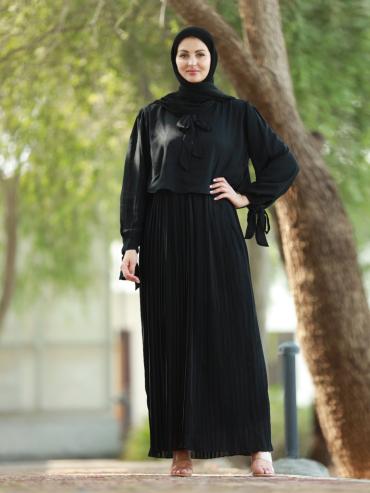 Black Pleated Modest Dress with a TieUp Neck and Sleeves 