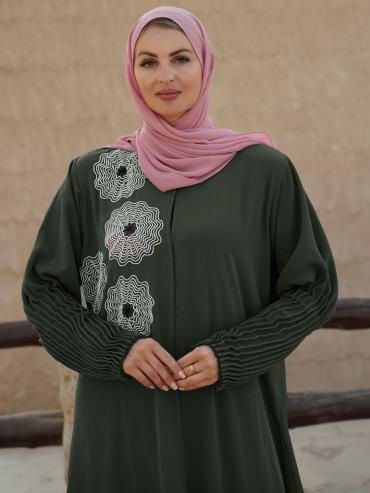 Olive Zoom Simple Front Open Abaya with Crystal Hand Work and Pleat Work on the Sleeves 