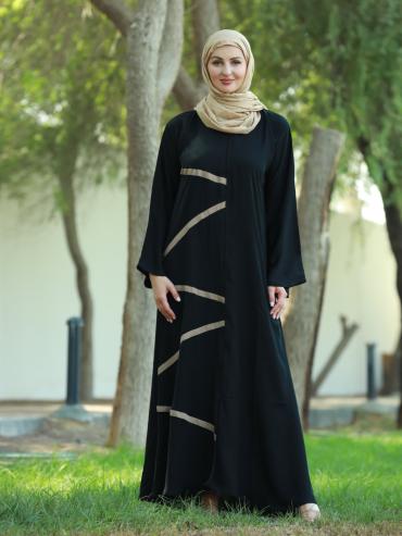 Black Nida Matte Abaya with Beige Band Work