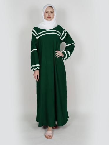 Dark Green Abaya with a White Band on the Front and Sleeves 