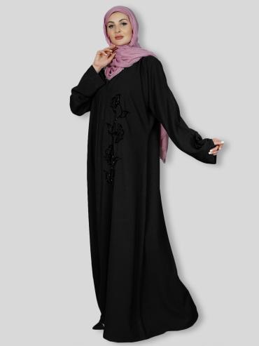 Black Masha Crepe simple Abaya with Crystal Handwork 