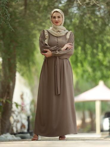 Brown Modest Dress with Frill Work Show Buttons on the Front and a Belt