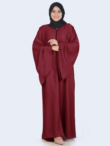 Maroon Simple Abaya with Pearl Work on the Sleeves 