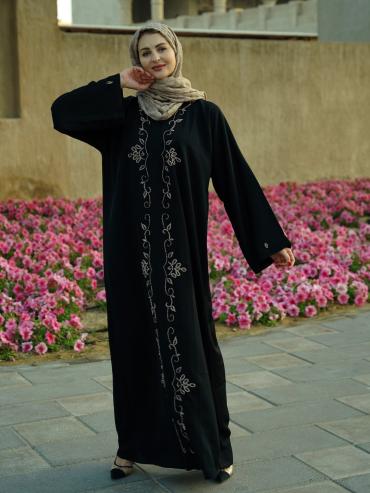 Black Zoom Modest Dress with Crystal Handwork on the Front and Sleeves