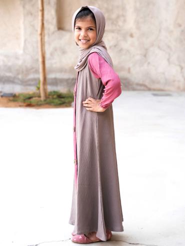 Brown and Puce Pink Kids Abaya with Show Buttons on the Front