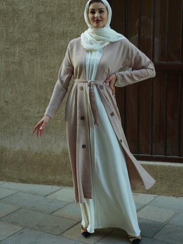 Off White and Almond Modest Dress with a Shrug Show Buttons on the Front and a Belt