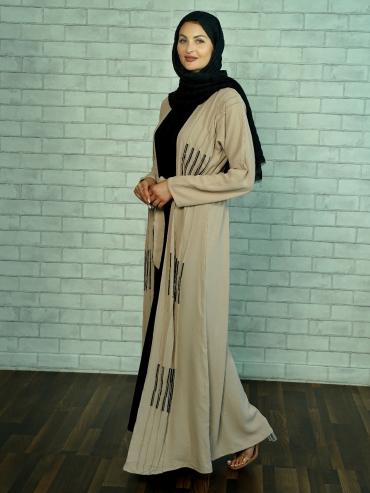 Almond and Black Modest Dress by CEY with Shrug Belt and Crystal Hand Work on Front