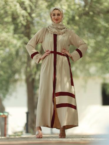 Stylish Cream CEY Modest Dress with Maroon Band Work and a Belt