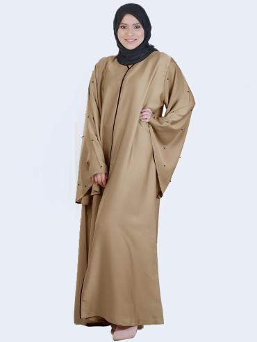 Beige Simple Abaya with Pearl Work on the Sleeves
