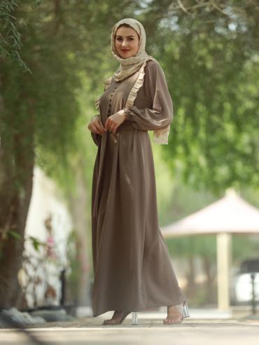 Brown Modest Dress with Frill Work Show Buttons on the Front and a Belt
