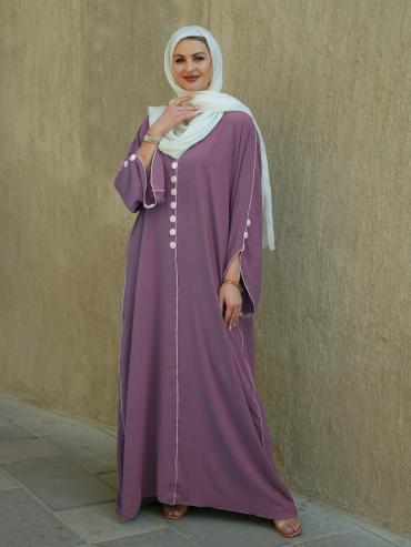 Dull Magenta Modest Abaya with White Piping and Show Buttons on the Front and Sleeves 