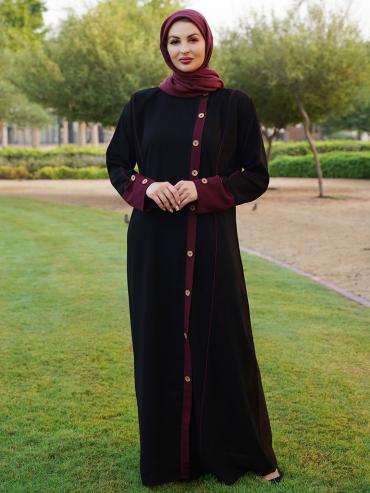 Stylish Black and Maroon Masha Crepe Abaya with Show Buttons and Piping on the Front and Sleeves