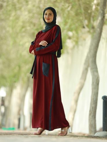 Maroon and Dark Grey Modest Dress with a One Side Pocket and a Belt 