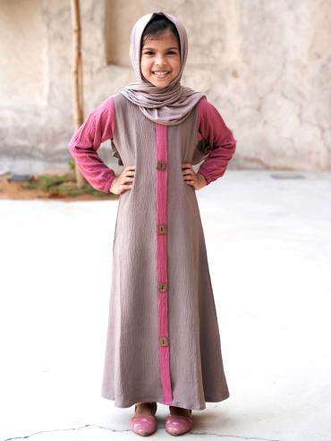 Brown and Puce Pink Kids Abaya with Show Buttons on the Front