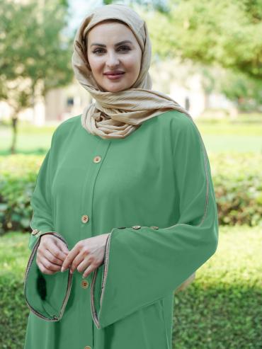 Mint CEY Abaya With Beige Piping And Show Buttons on the Front And Sleeves 