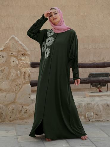 Olive Zoom Simple Front Open Abaya with Crystal Hand Work and Pleat Work on the Sleeves 