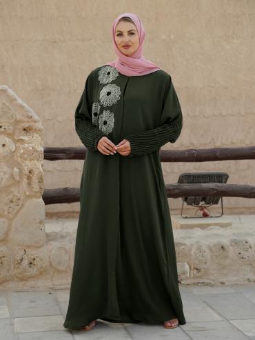 Olive Zoom Simple Front Open Abaya with Crystal Hand Work and Pleat Work on the Sleeves 