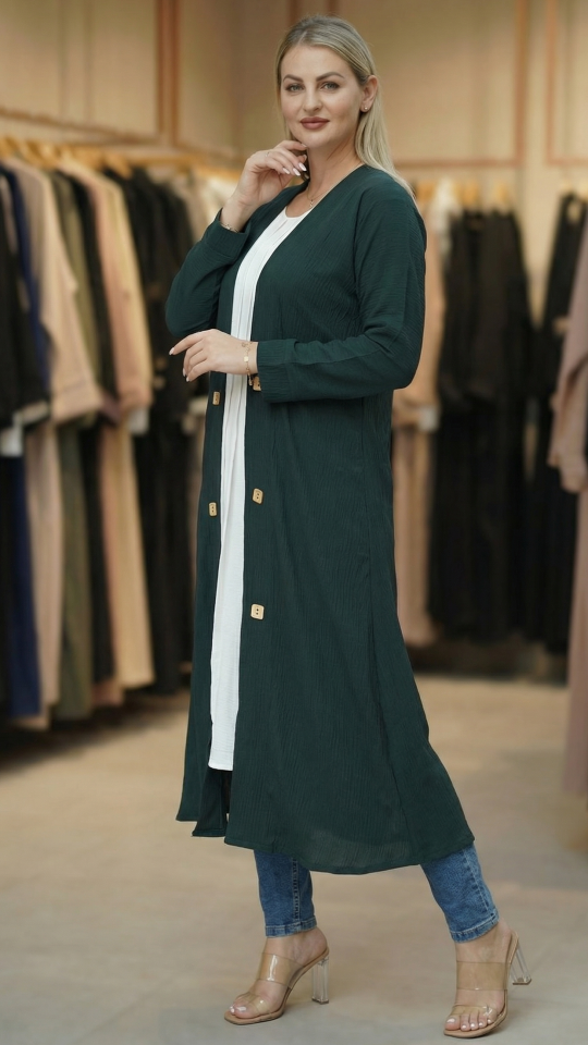 CEY Kurti with a Shrug and Show Buttons on the Front in Dark Green and Off White