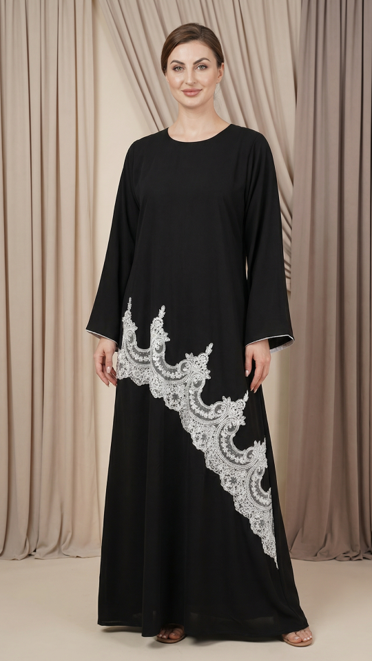 Stylish Dark Coffee Abaya with Elegant White Lacework