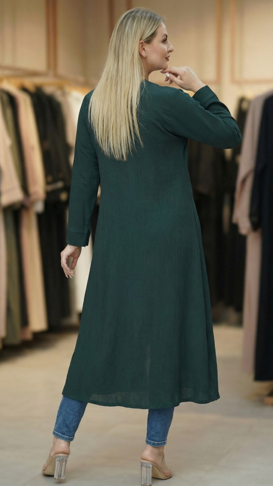 CEY Kurti with a Shrug and Show Buttons on the Front in Dark Green and Off White