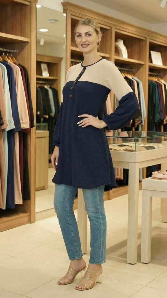 Wholesale Cream and Navy Blue Kurti with a Show Button on the Front and Balloon Sleeves