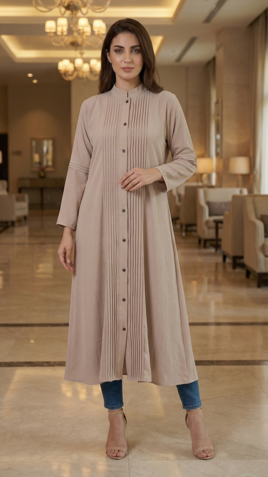 Almond Kurti with Front Show Button and Pleat