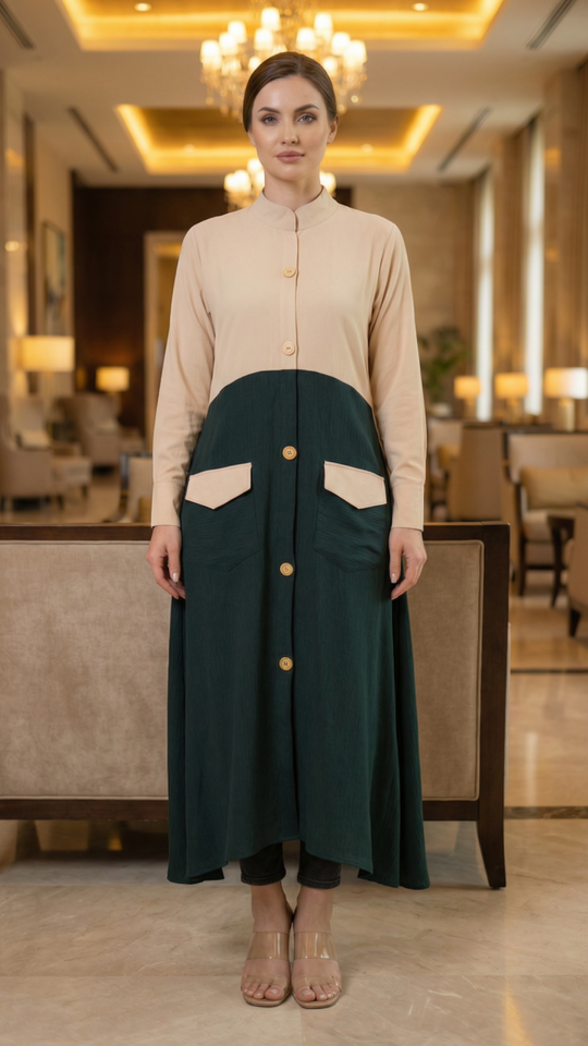 Dark Green and Cream CEY Kurti with Show Buttons on the Front and Two Side Pockets