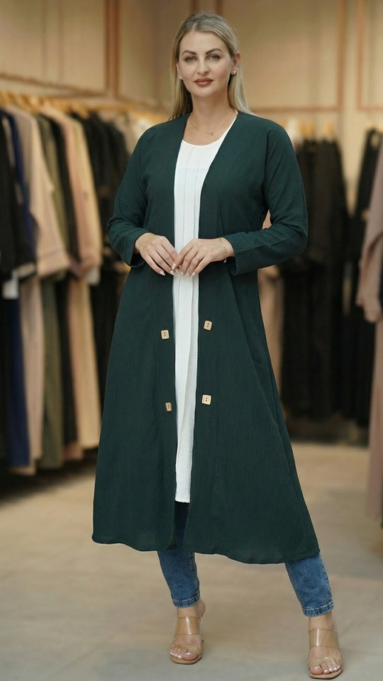 CEY Kurti with a Shrug and Show Buttons on the Front in Dark Green and Off White
