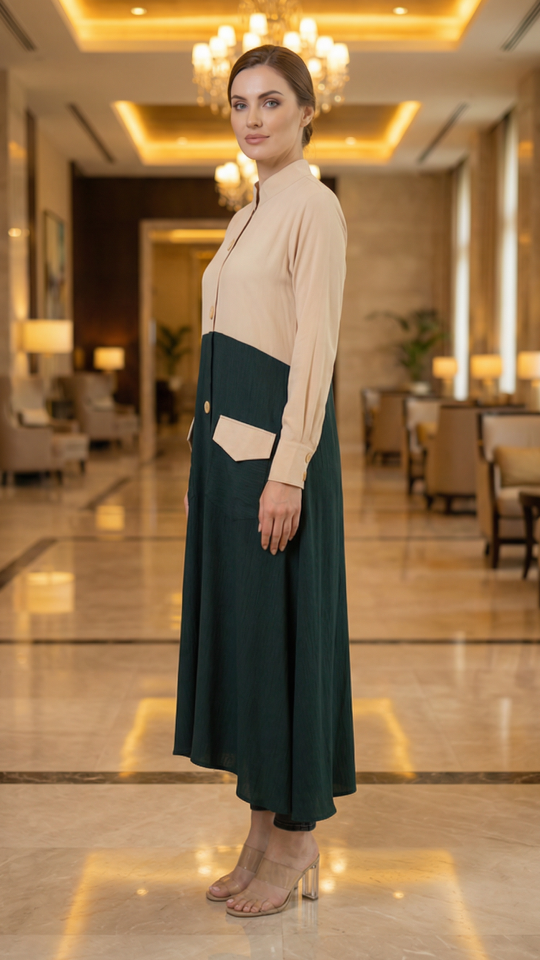 Dark Green and Cream CEY Kurti with Show Buttons on the Front and Two Side Pockets