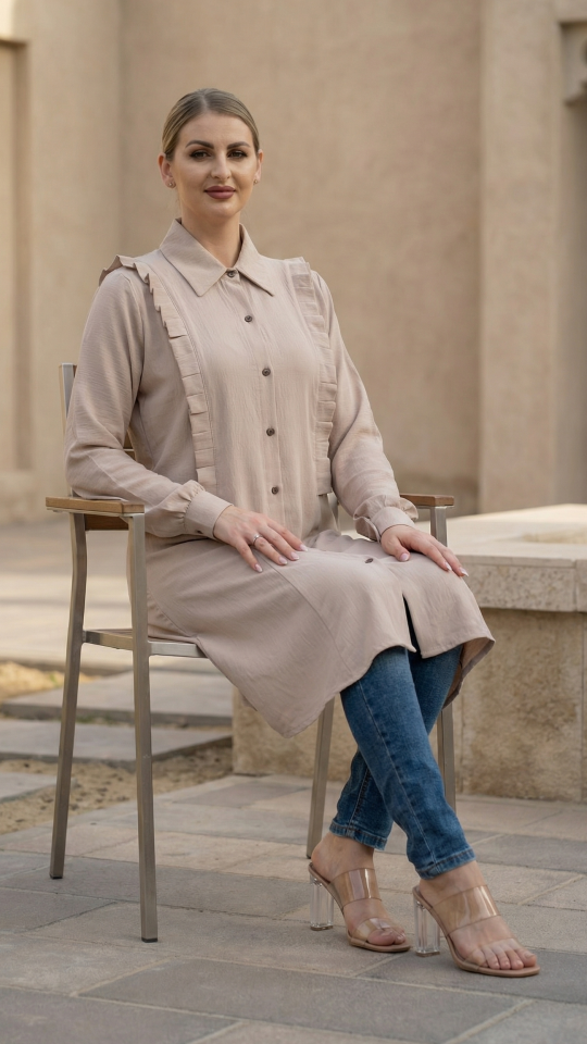Almond Kurti with Show Buttons on the Front and Frill Work on Both Sides