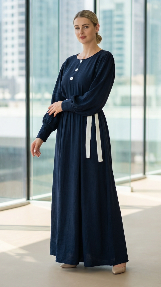 Stylish Modest Dress with Show Buttons on the Front and a Belt in Navy Blue