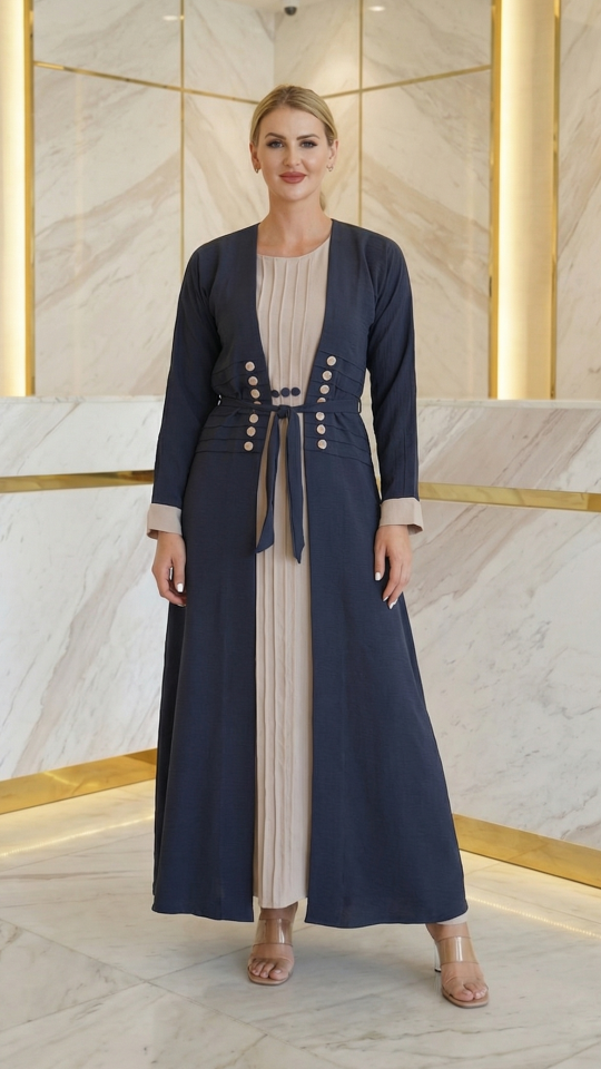 Dark Grey and almond Modest Dress with Show Buttons on the Front