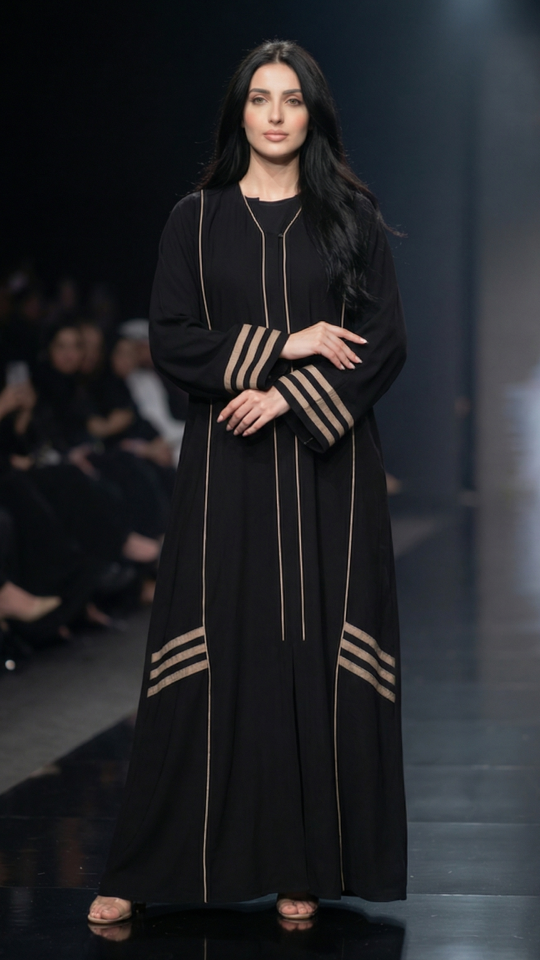 Black and Beige Abaya with Piping and Pleat Work on the Front 