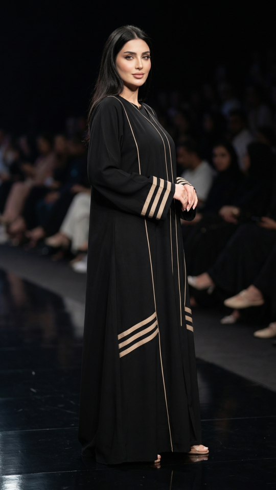 Black and Beige Abaya with Piping and Pleat Work on the Front 