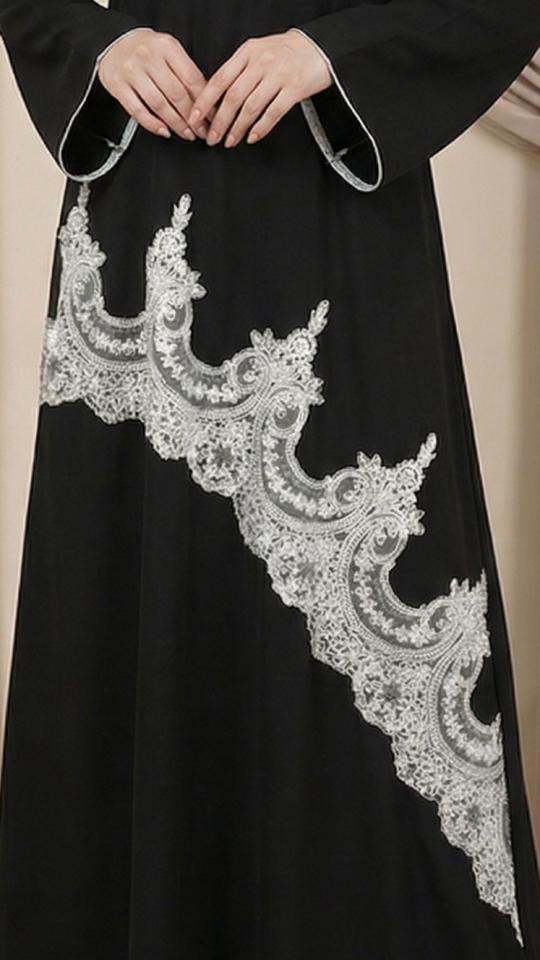 Stylish Dark Coffee Abaya with Elegant White Lacework