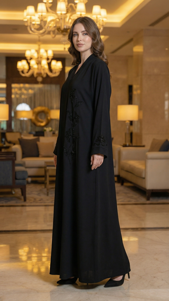 Black Masha Crepe simple Abaya with Crystal Handwork 