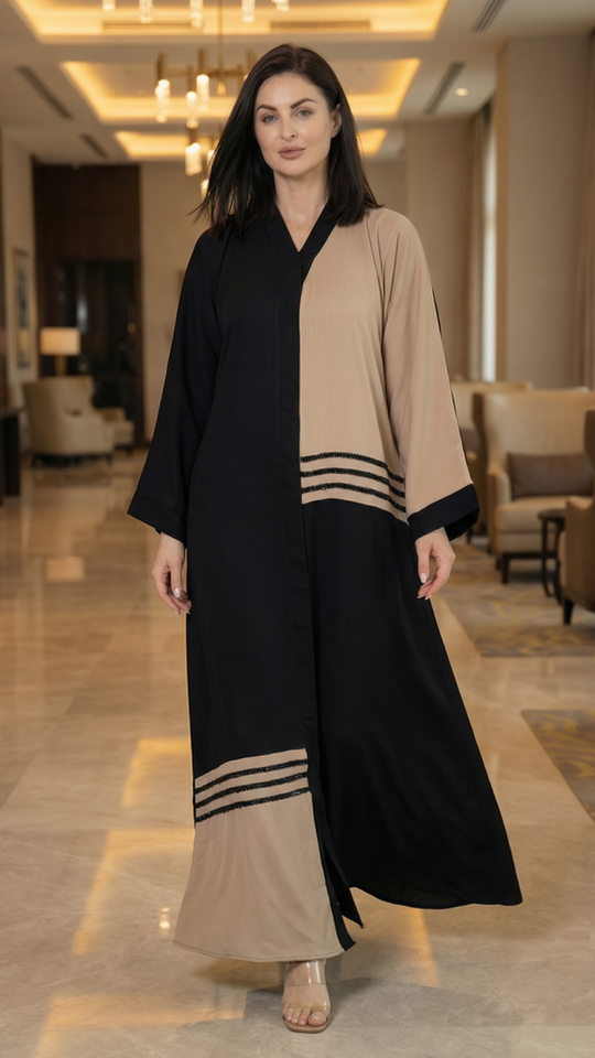 Wholesale Zoom Simple Abaya with Black Crystal Handwork on the Front in Black and Beige