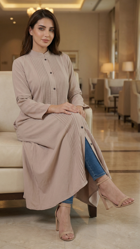 Almond Kurti with Front Show Button and Pleat