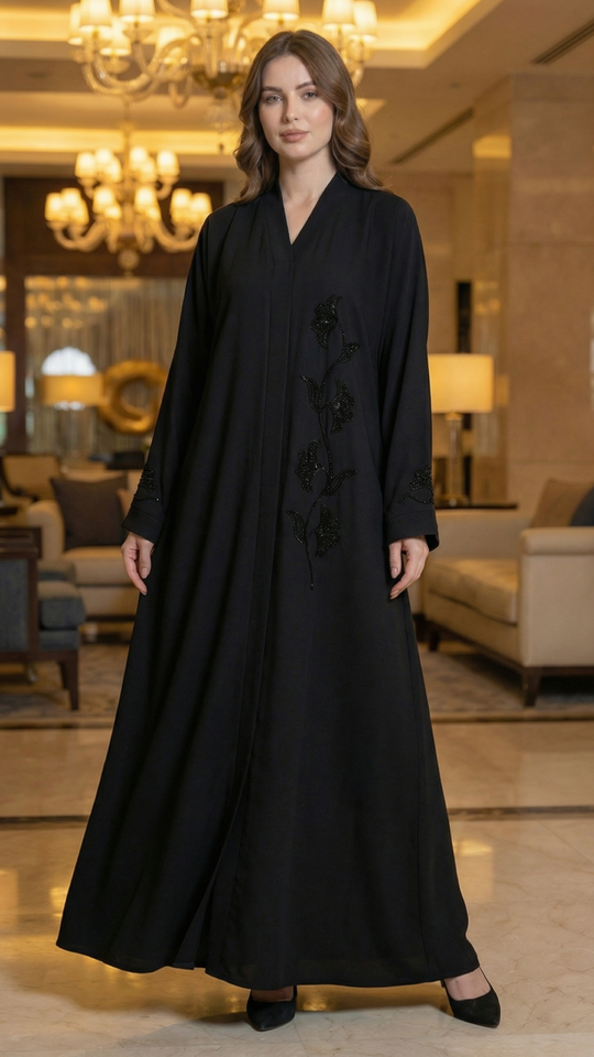 Black Masha Crepe simple Abaya with Crystal Handwork 