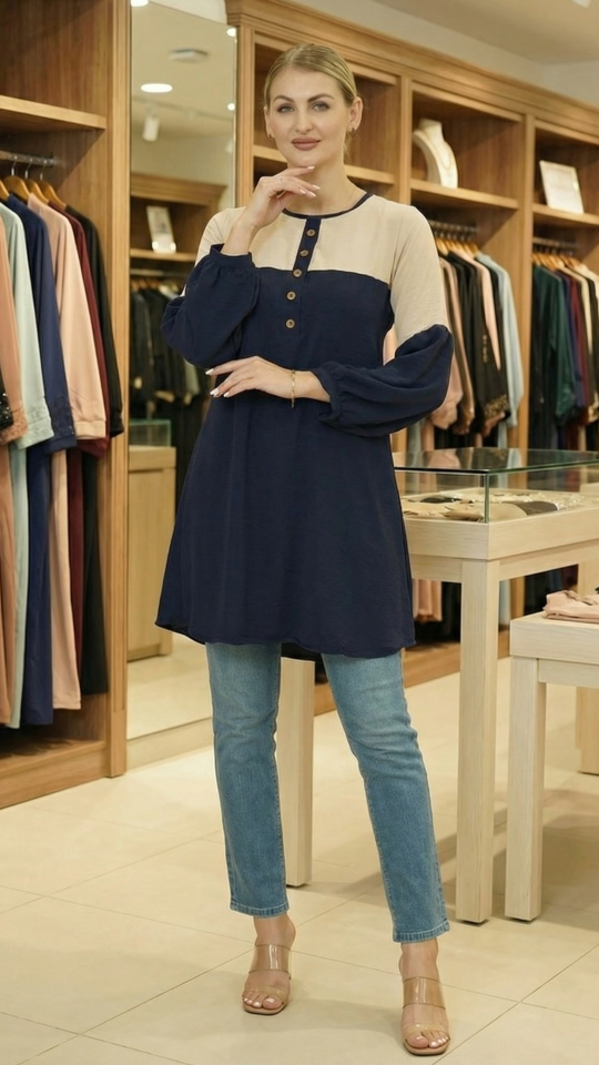 Wholesale Cream and Navy Blue Kurti with a Show Button on the Front and Balloon Sleeves