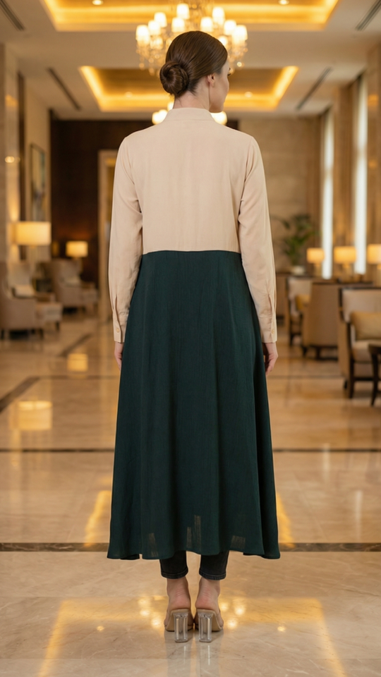 Dark Green and Cream CEY Kurti with Show Buttons on the Front and Two Side Pockets