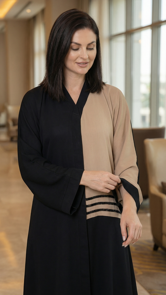 Wholesale Zoom Simple Abaya with Black Crystal Handwork on the Front in Black and Beige