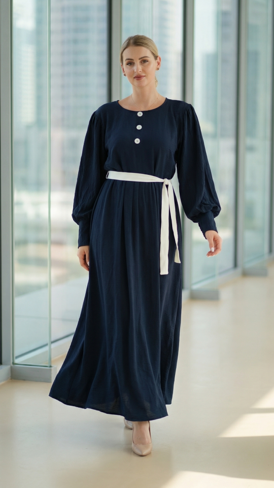 Stylish Modest Dress with Show Buttons on the Front and a Belt in Navy Blue