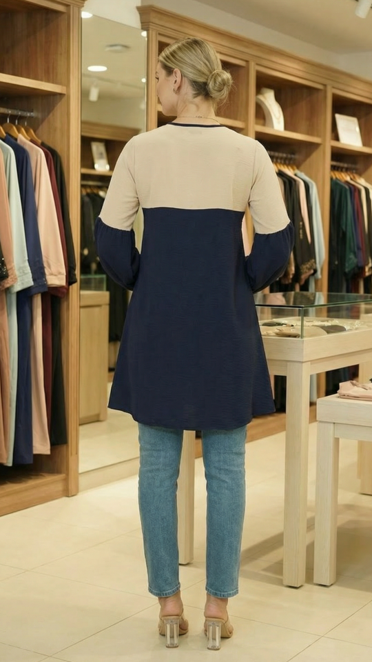 Wholesale Cream and Navy Blue Kurti with a Show Button on the Front and Balloon Sleeves