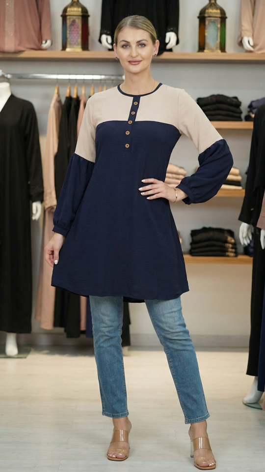 Wholesale Cream and Navy Blue Kurti with a Show Button on the Front and Balloon Sleeves