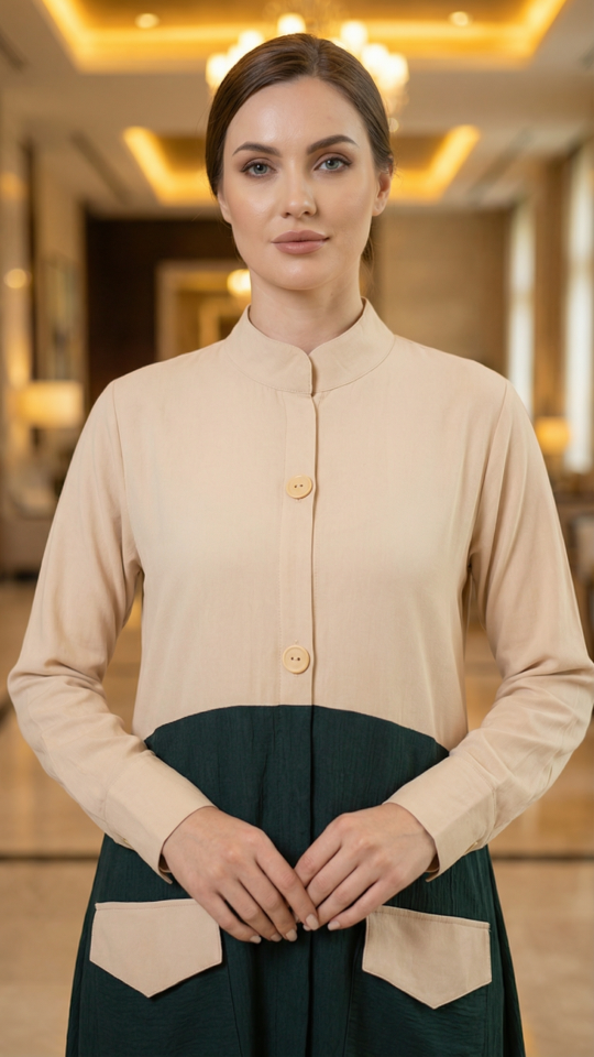 Dark Green and Cream CEY Kurti with Show Buttons on the Front and Two Side Pockets