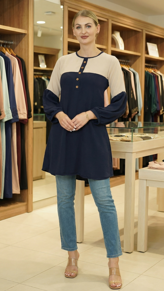 Wholesale Cream and Navy Blue Kurti with a Show Button on the Front and Balloon Sleeves