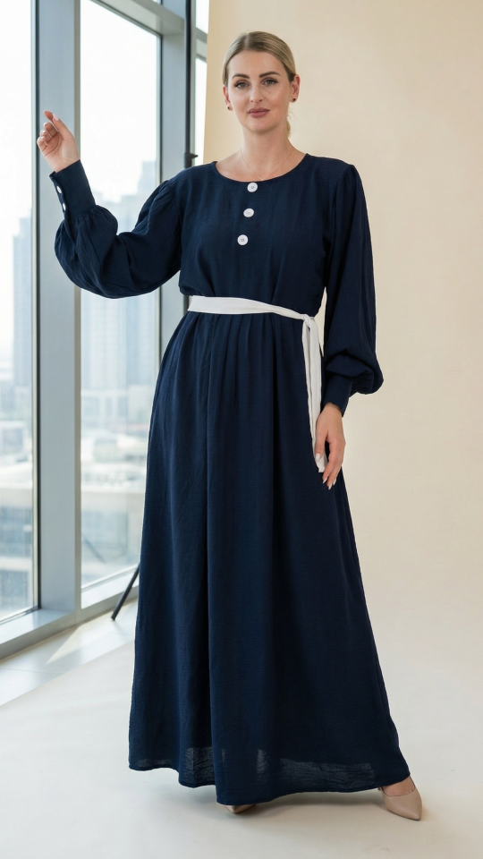 Stylish Modest Dress with Show Buttons on the Front and a Belt in Navy Blue
